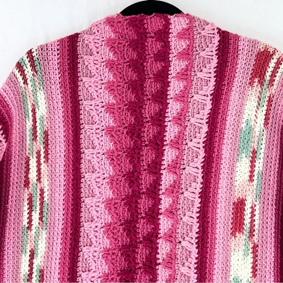 Honeybea Upcycled Vintage Afghan Sweater Cardigan OS Pink - Picture 8 of 13